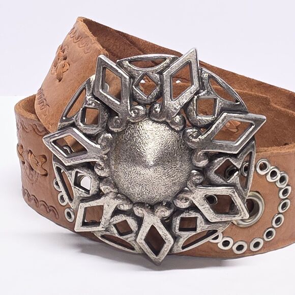 Vintage SEBASTIAN SA ELCHE Hand Tooled Cognac Brown Leather Studded Belt Spain main image 10